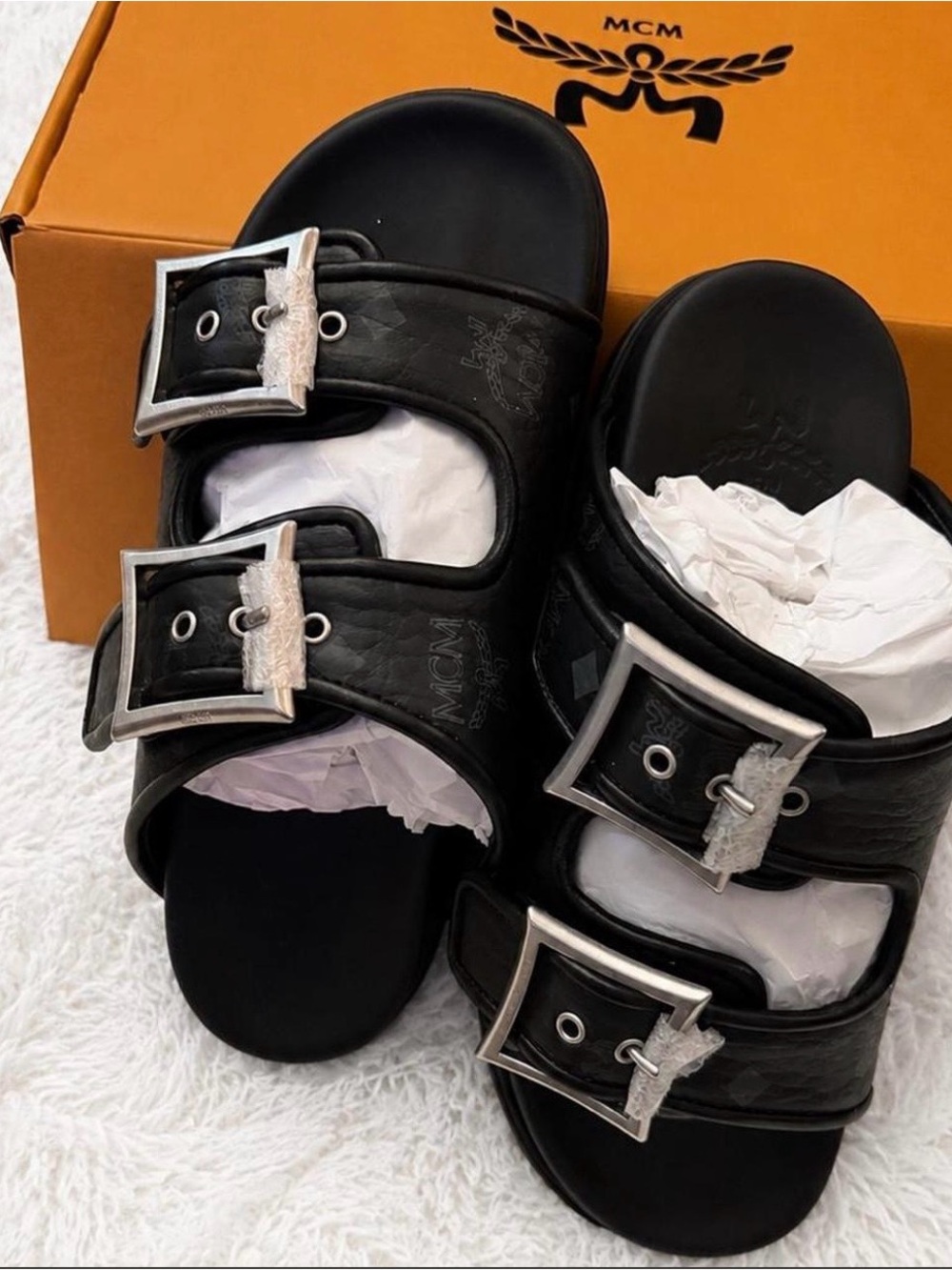 MCM Black Slide Sandals with Silver Buckles